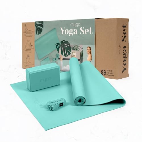 Myga Yoga Starter Kit | Komplettes Set mit Yogamatte, Yogablock & Gurt | Rutschfest & Unterstützend | Ideal für Anfänger & Zuhause sowie Reisen | Türkis