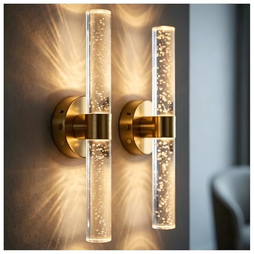 Image of DORESshop Battery Operated Wall Sconces Set of 2, 10000mAh Rechargeable Wall Sconce with Bubble Crystal, 9 Color Dimmable Wireless Wall Sconce, Sconce Wall Decor for Living Room, Bedroom, Gold 18in