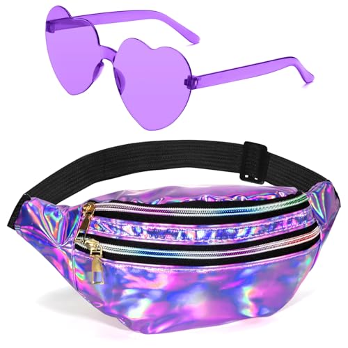 Holographic Fanny Packs,Heart Shaped Glasses,80s 90s Fanny Pack,Waterproof Fanny Packs for Women,Purple Heart Sunglasses,Metallic Color Sport Waistbag,Fashion Shiny Waist Pack,Halloween Party Glasses