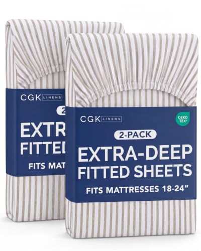 Image of CGK Linens 2 Pack Extra Deep Queen Fitted Sheets - Beige Stripes
