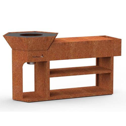 Barbacoa de leña Nestor Original barbacoa de exterior de brasero con plancha de acero corten, 190x55x100cm