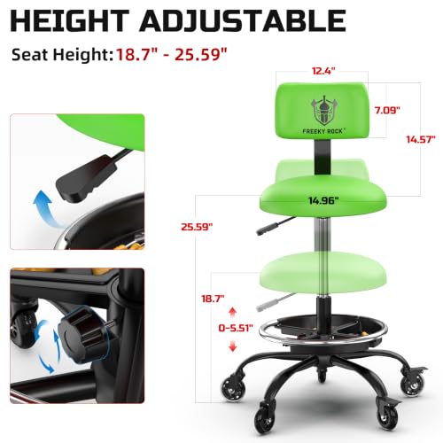 Image of Rolling Shop Stool with Wheels, Garage Stool Chair, Green