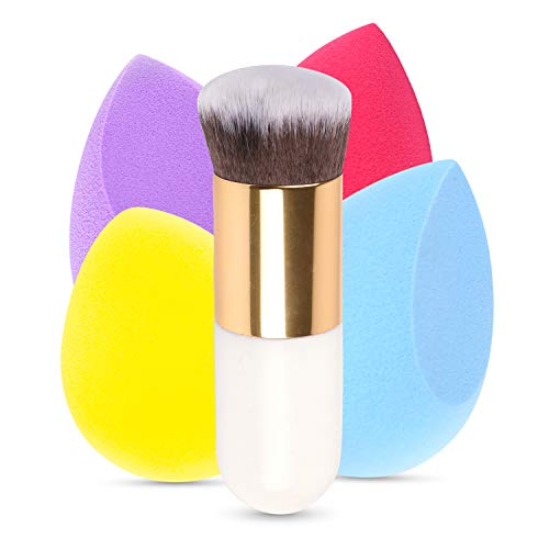 Houseables Makeup Blender Sponges & Foundation Brush, 4+1 Pcs, 2.5”, Professional Blending Sponge, Foam, Beauty Cosmetics, Egg Shaped Applicator, For Face, Contouring, Liquid Concealer, Cream, Powder