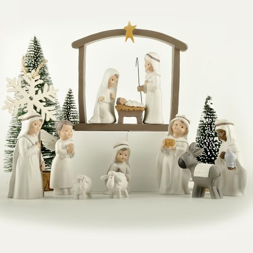 PlentifulHome 12-Piece Resin Christmas Nativity Scene Set – Miniature Holy Family Figurines with Manger and Animals, Indoor Holiday Tabletop Display