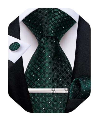 Image of DiBanGu Mens Silk Plaid Tie and Pocket Square Set | Elegant Silk Formal Tie Set, Woven Check Necktie and Cufflinks Tie Clip Set, Perfect for Wedding Party, Comes in Gift Box