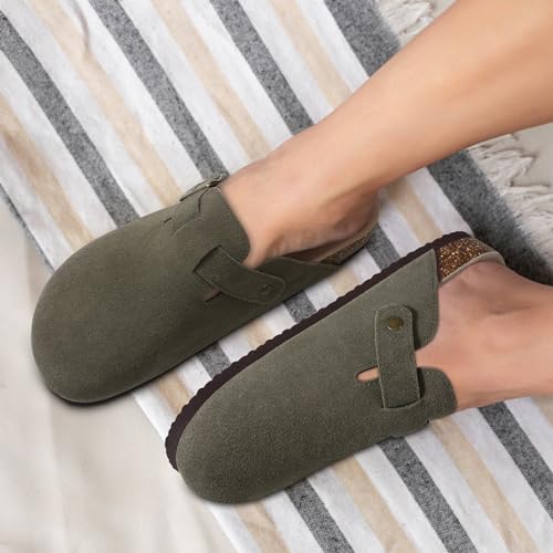 Image of ODOLY Genuine Suede Clogs for Women Men Soft Cork Footbed Leather Mules Comfort Potato Shoes with Arch Support