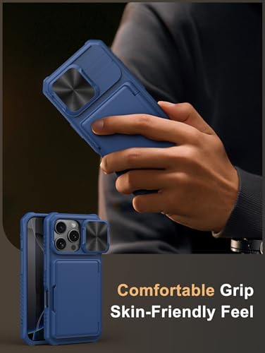 Image of Vihibii for iPhone 16 Pro Wallet Case with Card Holder (4 Cards) [RFID Blocking] & Slide Camera Cover & Raised Edges Protect Screen, Shockproof Rugged Phone Cover for iPhone 16 Pro 6.3 inch 2024, Blue