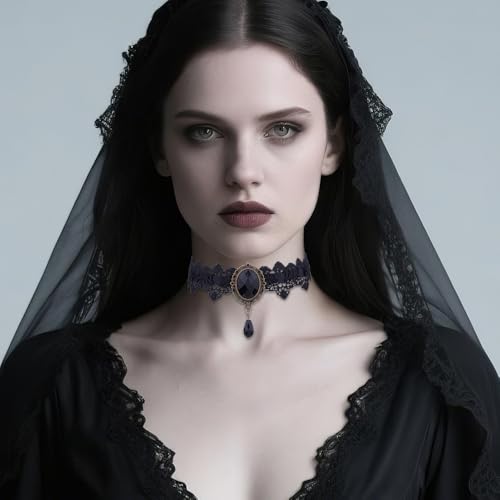 Atiptu Gothic Lace Choker Necklace for Women Black Lace Choker Necklace Vintage Red Crystal Pendant Necklaces Vampire Necklaces Halloween Costume Accessories3