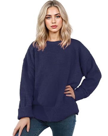 Image of Women's Oversized Crewneck Sweaters, Long Sleeve Fuzzy Knit Casual Chunky Warm Fall Pullover Sweaters Top Trendy Outfits