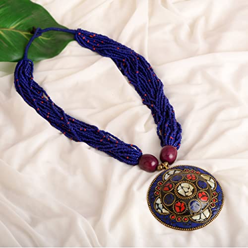 Zephyrr Beautiful Long Beaded Multistrand Mosaic Circular Pendant Tribal Necklace For Women And Girls(Jan-2503) #TOP4