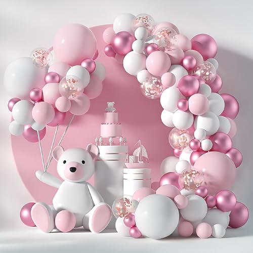 Arco de Globos para Cumpleaños y Decoración Baby Shower Niña. Decoracion Bautizo, Primera Comunión y Decoracion Cumpleaños Niña. Set de 117 pcs con Globos Rosas, Blancos y Transparentes con Confeti
