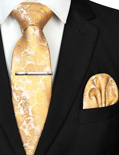 Image of JEMYGINS Mens Solid Color Paisley Necktie and Pocket Square with Tie Clip Sets