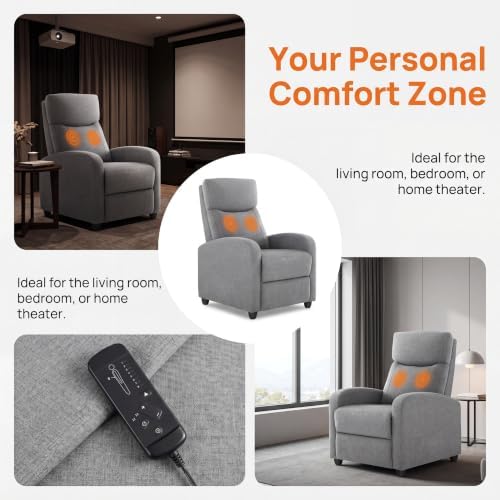 Image of Manual Massage Recliner Chair, Oversized Lazy Boy Reclining Couch Chair with Lumbar Heat & Adjustable Backrest, Single Recliner Sofa for Home Theater Seating, Living Room, Bedroom, Gray