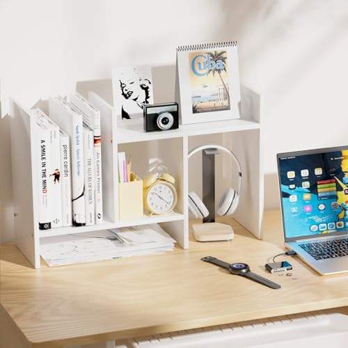 Image of Desk Shelves Wood Desktop Orgnizer Shelf. Office Organization for Top of Desk Organizers and Accessories Bookshelf Shelving,Adjustable Tier H-Shape Mini Bookcase(White)