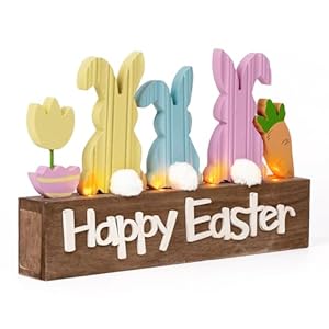 Valery Madelyn Easter Decorations Lighted Wooden Easter Decor for Table Bunny Decorations for The Home Decor Shelf Tiered Tray Living Room 8 Inch Pink Blue