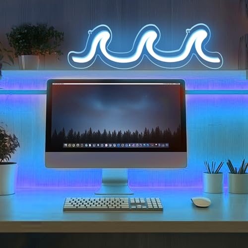 Image of Wave Neon Signs Light Blue LED Night Lights With Dimmable Switch For Kids Wall Decor USB Powered For Living Room Bar Bedroom Christmas Gift(11.8 * 3.9 inch)