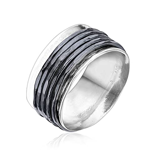 925 Sterling Silver Rotating Spinner Band Ring Wrapped With 5 Black Hammered Spinner Rings, Stylish, Hypoallergenic, Nickel And Lead-Free Artisan Handcrafted Designer Collection Made In Israel #TOP21