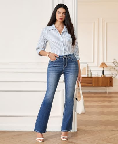 ZRP Women's Mid-Waist Flared Jeans, Embroidered Feather & Rhinestone Back Pockets, Plus Size4