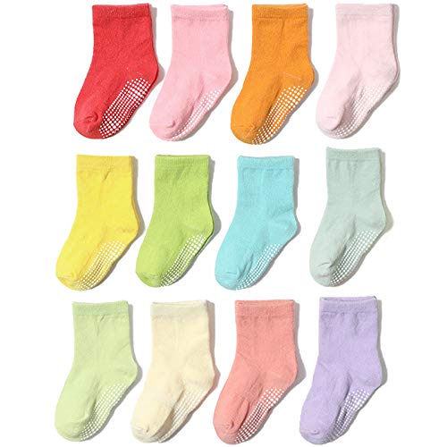 Looching 12 Pairs Baby Boys Girls Non-Skid Ankle Cotton Crew Socks with Grip Newborn Toddler Kids 5-7T Rainbow Color
