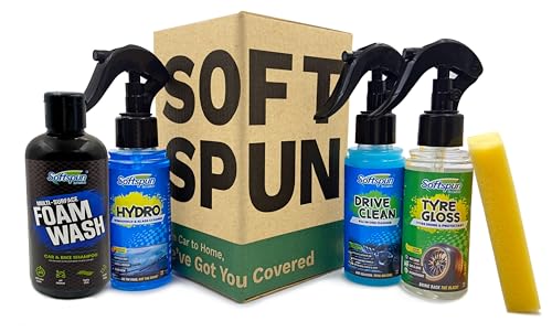 Image of SOFTSPUN Essentials Car Clean & Wash Starter Kit - Made for Cars and Motorcycles 5 Piece Kit, Total 500ml, combined (Shampoo, Windshield Washer, Tyre Polish, Multi-Purpose Cleaner, 1 Foam)