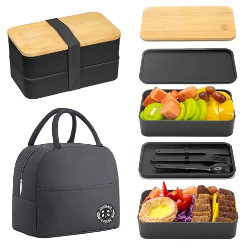 Fhioevt Bento Lunchbox Erwachsene 1200ml Bento Box Japanisch 2-Stufige Bambusdeckel Bentobox Bündel Lunchboxen mit Besteck und Lunch Bag Stapelbar Brotdose Schwarz für Kinder Arbeit Schule