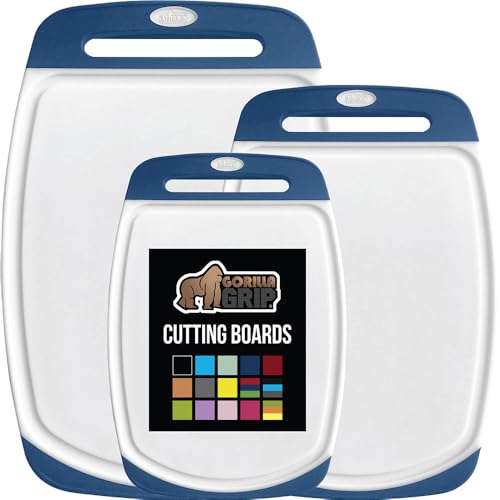 Comparison: Best Non Porous Cutting Board 7 GORILLA GRIP BPA-Free Reversible Kitchen Cutting Board Set of 3, US Designed, Nonporous, Juice Grooves Catch Liquid, Slip Resistant Border, Dishwasher Safe, Durable Large Food Chopping Boards, Blue