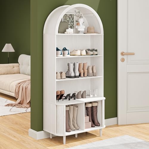 DHH 71" Tall Arched Bookshelf, 5 Tiers Arch Bookcase with Storage, Modern Farmhouse Book Shelf with Adjustable Shelves &Sliding Doors, Wood Display Cabinet for Living Room, Office,Grayish White - Image 6