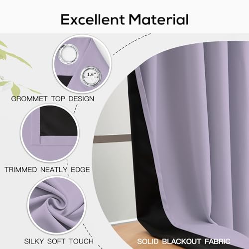 Yakamok Lilac Blackout Curtains 63 inches Long for Bedroom, 38" Wide, 2 Pcs | Thermal Insulated Window Treatment Light Blocking Panels with Black Liner for Living Room/Kitchen/Kids Room with Grommet Top - Image 5