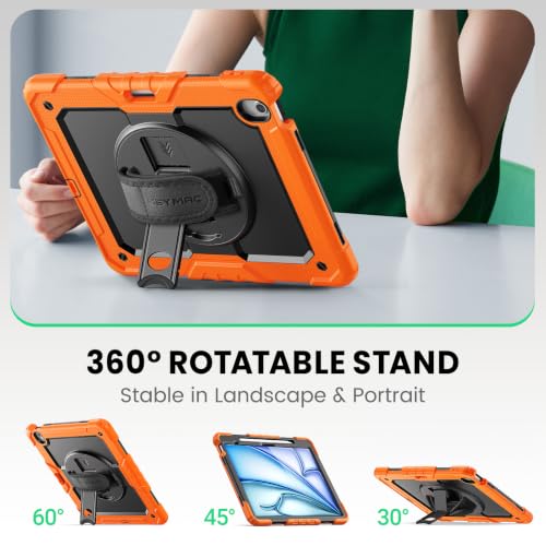 Image of SEYMAC Case for iPad Air 13 Inch M4 /M3 /M2 (2026 /2025 /2024), Orange | Heavy Duty Shockproof Protective, Built-in Screen Protector, 360 Rotating Stand, Hand /Shoulder Strap, Pen Holder
