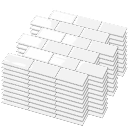 Joysticky 10-Sheet Peel and Stick Backsplash, 12' * 12' Laser Crystal Texture Stick on Tiles Backsplash for Kitchen & Bathroom，Thicker Design Peel and Stick Wall Tiles (White)