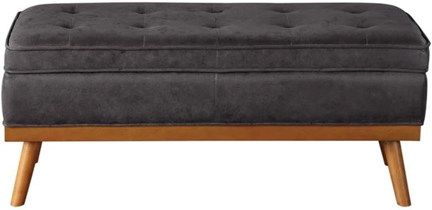 Pemberly Row Contemporary Storage Bench, 43.5" W x 17.5" D x 18.5" H, Charcoal Faux Leather, Button Tufted Design, Solid Wood Legs, Soft-Close Hinged Top, Entryway or Bedroom Bench with Lined Storage