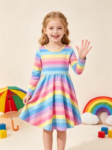 Image of Tkria Toddler Girls Rainbow Dress Striped Fall Dress Cartoon Colourful Long Sleeve Casual Dressy 2-7T