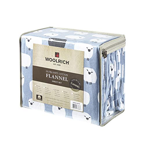 Image of Woolrich Cotton Sheet Set Cottage Charms Print, 100% Cotton Flannel Sheets Warm & Fuzzy Bedding Set Queen Size Sheets, Fitted Pocket Fits Up to 14 inch Mattress, Queen Blue Sheep, 4 Piece