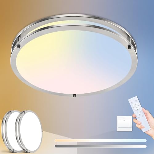 libtit 13 Inch Flush Mount Ceiling Lights with Remote, 24W Dimmable LED Ceiling Light with Nightlight and Timer, 3000K-6500K Adjustable Brushed Nickel Light Fixture for Bedroom Kitchen Bathroom-2Pack