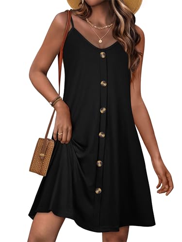 JOELLYUS Summer Dresses for Women Spaghetti Strap Button Down Casual Sundress Beach Cover Up Dress with Pockets, BKBT, XL