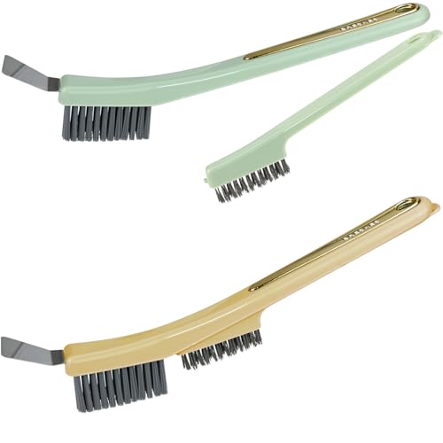 Image of Multifunctional Cleaning Brush with Nylon & Wire Brush and Cleaning Spatula, Long Handle Brushes for Bathroom, Kitchen, Grout, and Tile Deep Cleaning, 2 Pack (Green+Yellow)