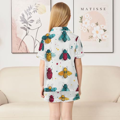 Satin Pajama Sets Short Sleeve Colorful Bugs Pattern Design Button Down Silky Nightwear 2 Piece PJS 5-14Y4