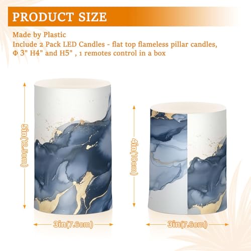 Image of Blue and Gray Gold Marble Flickering Flameless Candles LED Battery Operated with Remote Timer Pillar Candles for Home Birthday Wedding Christmas Decor, Set of 2