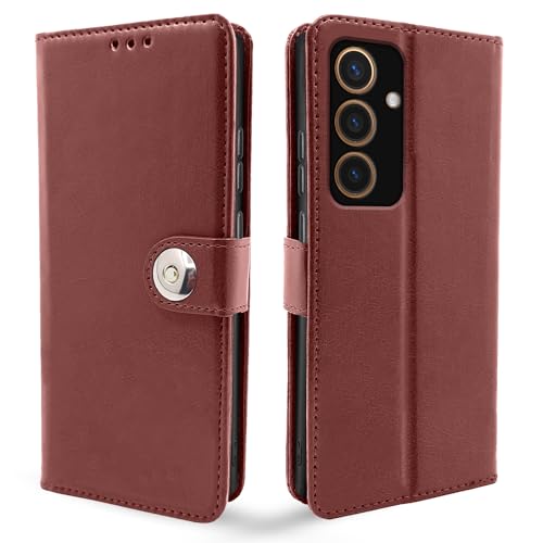 Image of Pikkme Samsung Galaxy S24 5G Flip Cover Leather Finish | Inside TPU with Card Pockets | Wallet Stand and Shock Proof | Complete Protection Button Flip Case (Brown)