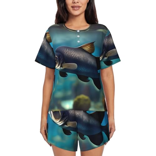 Pyjama deux pièces femme motif poisson-chat pour des nuits d'été fraîches