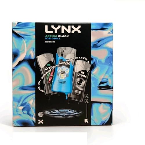 Lynx Africa, Black, and Ice Chill Body Wash Gift Set for Men – Pack of 3 Shower Gels – Invigorating Scents for All-Day Freshness – Ideal Grooming Gift Set for Him – Perfect for Birthdays, Christmas