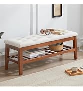 MILCIL Upholstered Entryway Bench – Tufted Ottoman With Solid Wood Frame, Cognac Brown Faux Leather