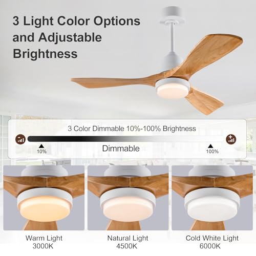 Image of 42 Inch Outdoor Ceiling Fans with Lights and Remote Control, Dimmable Outdoor Ceiling Fans for Patios 3 Blade Wood White Natural Wood Bedroom Ceiling Fan with Light, Wall Switch