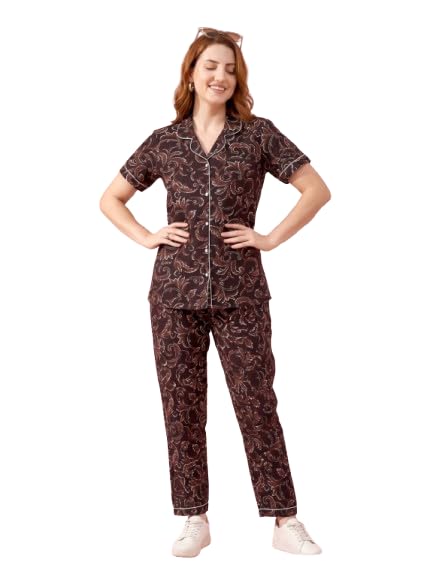 Elegant Cotton Lounge Wear Co-Ord Set with Button-Down Shirt, Relaxed Fit Pajama, Soft Breathable Nightwear for Women (Brown, XL)-image-44