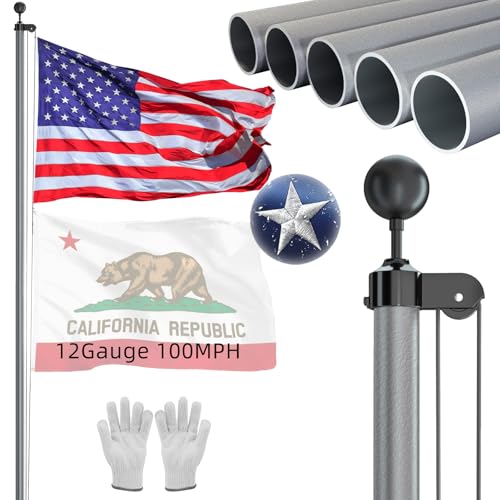 Image of NELXINJO Heavy Duty 25FT Flag Pole -12 Gauge Extra Thick Aluminum Flagpole kit for Outside House,Grey