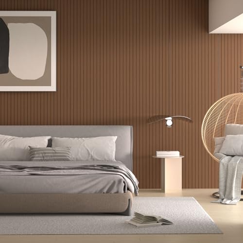 Image of Peel and Stick Wood Slat Wall Panels, Teak, 236 x 15.7 in | 3D Fluted, PVC Paneling for Accent Wall, Ceiling, Living Room, Office, Bedroom