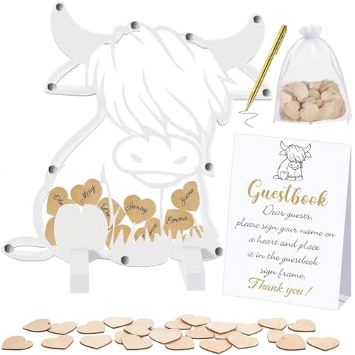 Image of Kosiz 65 Pcs Highland Cow Baby Shower Guest Book Alternatives Baby Shower Decorations with Wooden Chips for 60 Guests Sign Picture Frame Pregnancy Keepsake for Soon to Be Moms