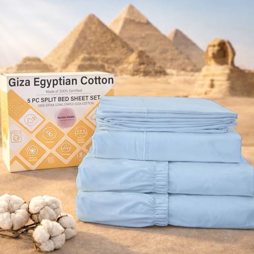 MyGiza Sheets 5 Pcs Split King Sheets Sets for Adjustable Beds, 100% Certified Giza Egyptian Cotton, Soft & Luxurious Sheets fits 16 inch Deep Pocket Mattress, Sky Blue