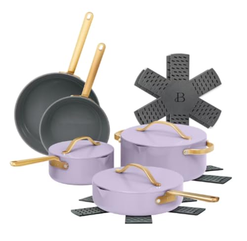 Drew Barrymore 12-Piece Ceramic Nonstick Cookware Set Pots and Pans with Strainer Lids (Lavender)