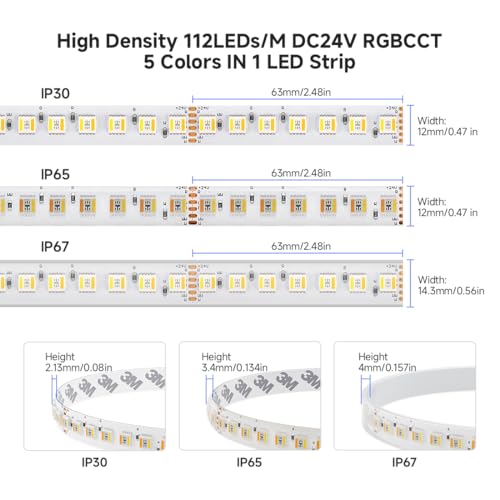 Cinta LED RGBCCT 5 colores 16.4 ft IP65 DC24V 112LEDs/m miniatura 3